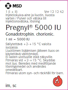 Picture of PREGNYL human chorionic gonadotrophin 5000IU powder for injection vial with solvent vial (MSD Finland) - carton