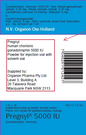 Picture of PREGNYL human chorionic gonadotrophin 5000IU powder for injection vial with solvent vial (MSD Finland) - over-label