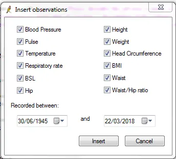 screenshot showing Insert observations dialogue box