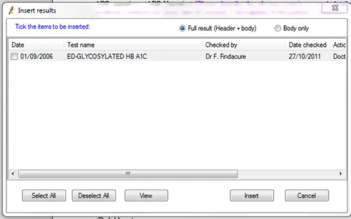 screenshot showing Insert results dialogue box
