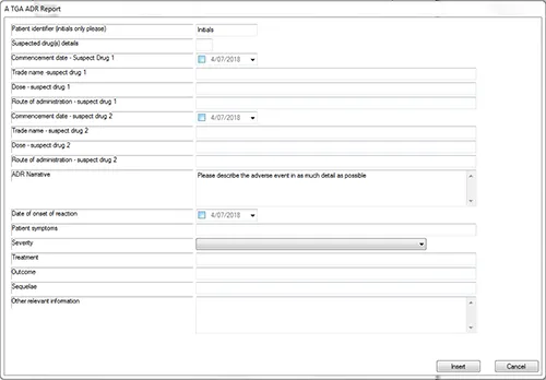 screenshot showing TGA ADR Report