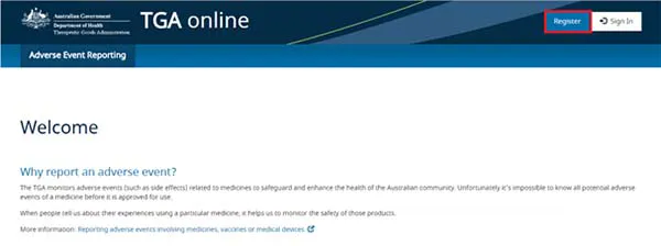 Screenshot of the Welcome page highlighting the 'Register' button