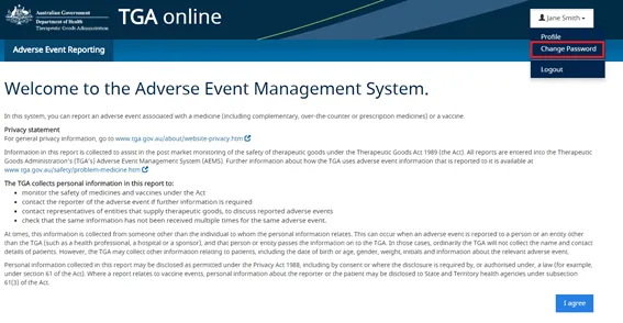 Screenshot of the AEMS site highlighting the 'Change Password' button