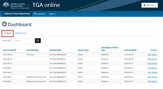 Screenshot of the Dashboard highlighting the 'Draft' button