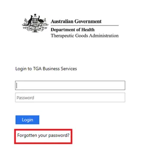 Screenshot of the TGA Business Services login page highlighting 'Forgotten your password?'button
