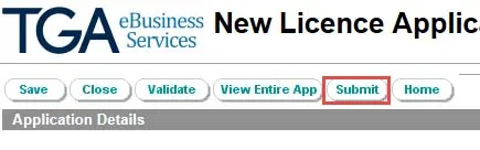 Screenshot: New Licence Application window with Submit button highlighted