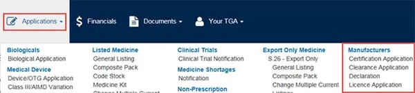 Screenshot: Applications menu with Manufacturers selections highlighted