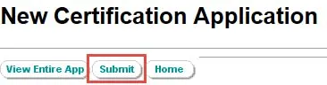 Screenshot: New Certification Application screen with Submit button highlighted