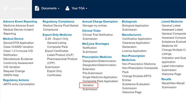Screenshot highlighting the Variation link