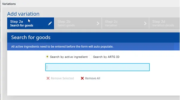 Screenshot of the Add variation search for goods field