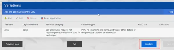 Screenshot highlighting the Validate button