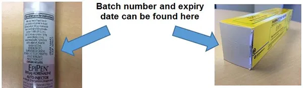 Demonstration of batch number location on EpiPen label and carton