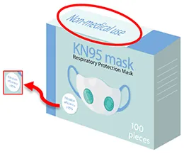 example of a box with the statement 'Not for medical use' and indicating filtration efficiency