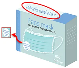 example of a box with the statement 'Not for medical use' and indicating bacterial/viral particle filtration
