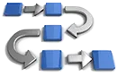 Image showing flow between five blue boxes