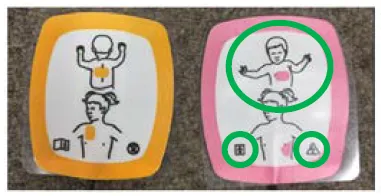 photograph image of the defibrillation instructions with the correct icon highlighted