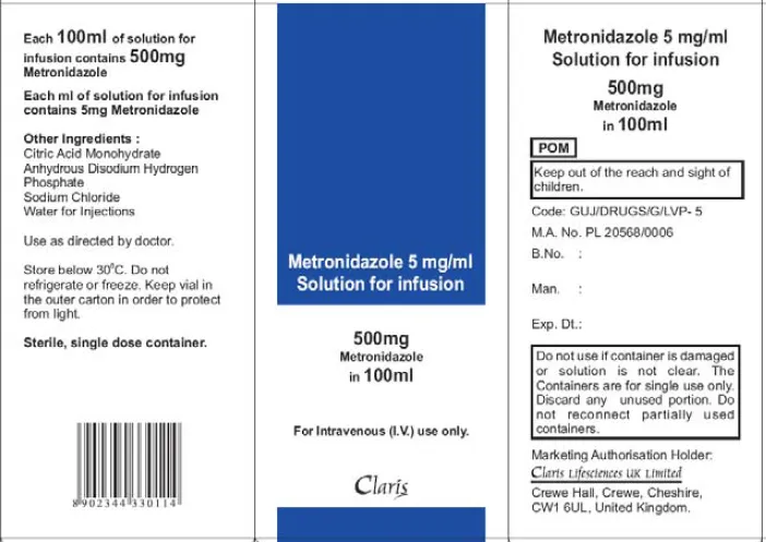 Metronidazole 5mg ml solution for infusion 500mg 100ml vial carton