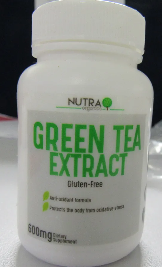 Bottle of Nutra Organics Green Tea Extract capsules.  Front view.