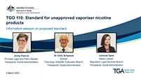 Front cover of Webinar presentation: TGO 110: Standard for unapproved vaporiser nicotine products, 4 March 2021