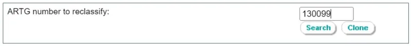 Screenshot of how to search for the ARTG Number to be reclassified