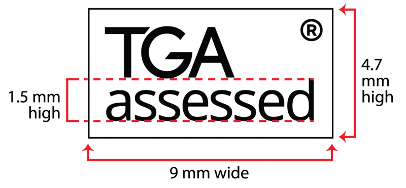 A diagram to show the minimum text size for the TGA assessed symbol on medicine labels