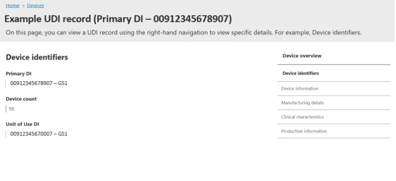 Example of Unit of Use DI included in a UDI record
