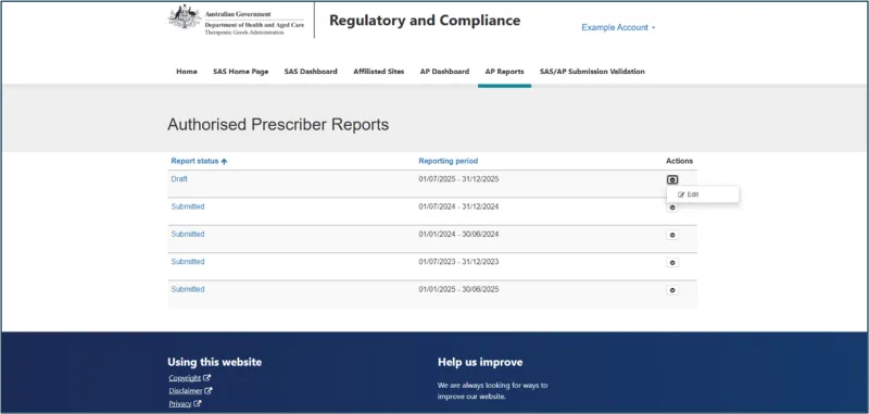 Screenshot of authorised prescriber reports table on SAS and AP system