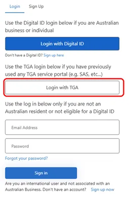 Figure 3: 'Login with TGA' button