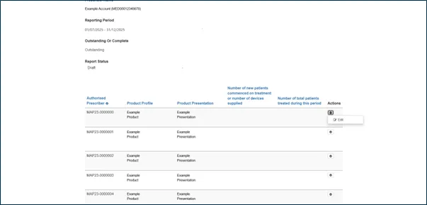 Screenshot of list of products table in SAS and AP system