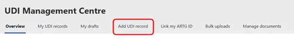 Screenshot of UDI Management Centre menu with Add UDI record selected