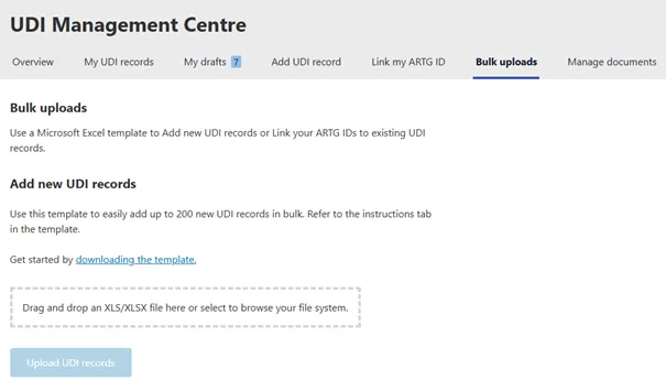 Screenshot of the 'Bulk uploads' page