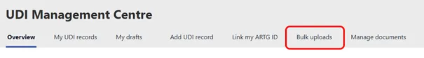 Screenshot of the 'Bulk Uploads' tab in the UDI management centre.