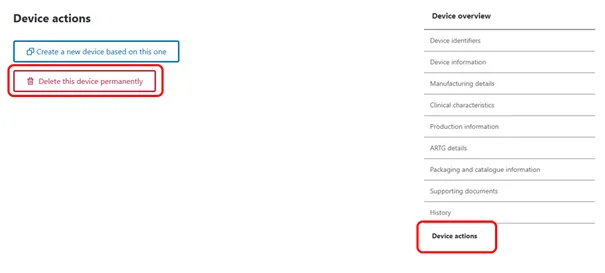 Screenshot of a UDI record showing the Device Actions page and Delete UDI record button. 