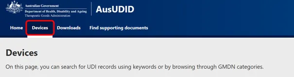 Screenshot of the 'Devices' tab under the AusUDID menu bar.