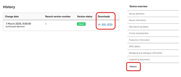 Screenshot of downloading an individual UDI record