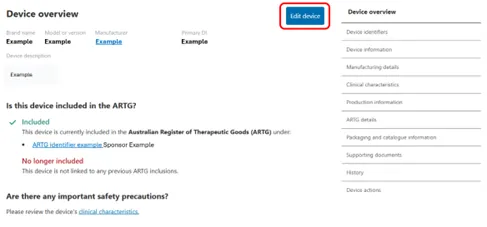 Screenshot of a UDI record with the Edit Device button highlighted.