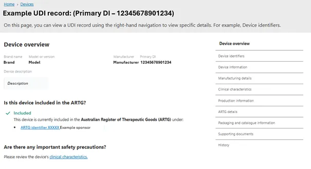 Screenshot of an example UDI record