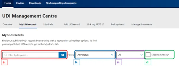 Screenshot of My UDI records filter options