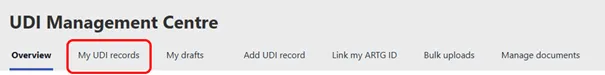 Screenshot of My UDI records under the UDI Management Centre