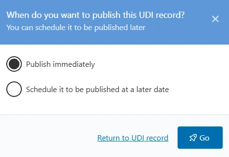 Screenshot of the UDI record publishing options