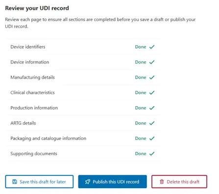 A screenshot of a draft UDI record with green ticks indicating each section is completed.