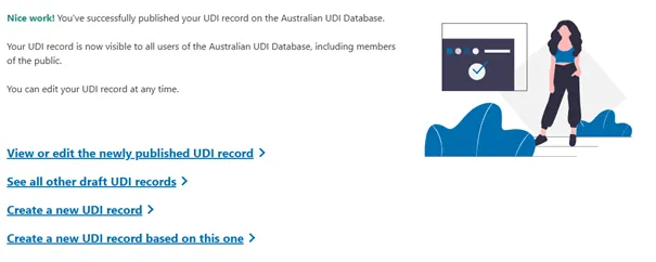 Screenshot of the UDI record successfully published notification.