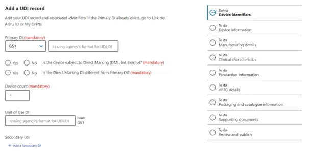 Screenshot of the categories of UDI record information