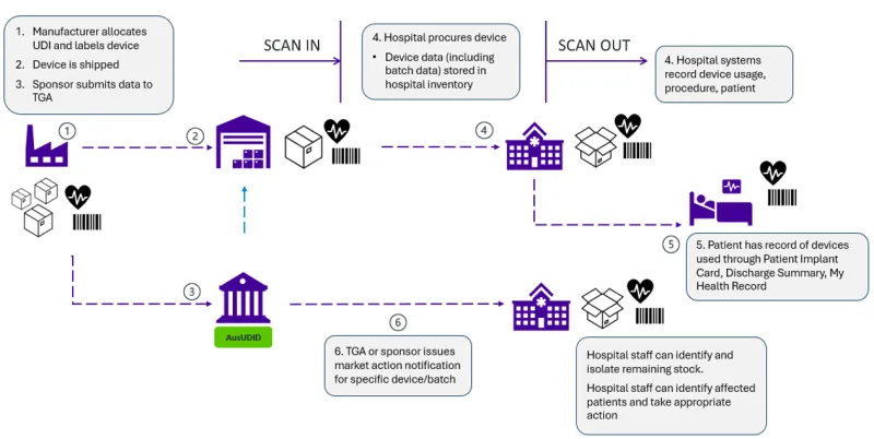 UDIs are allocated by manufacturers and included on device labels and submitted to the TGA. Devices are shipped to a healthcare organisation who record the UDI in inventory. If the UDI is recorded at the time of use on a patient it can be looked up again if a device is subject to a market action.