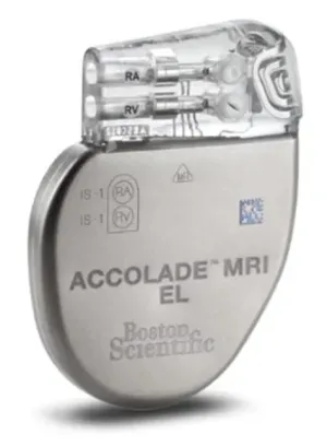 Image of ACCOLADE single chamber (SR), dual chamber (DR) standard life (SL) and DR extended life (EL) pacemakers; and VISIONIST cardiac resynchronization therapy pacemakers (CRT-Ps)